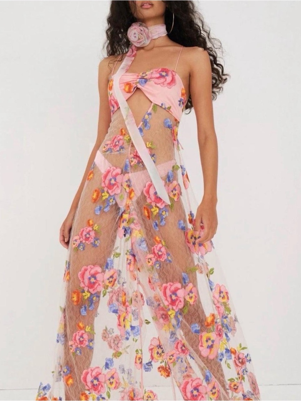 For Love & Lemons Pink Floral Sheer Maxi Dress